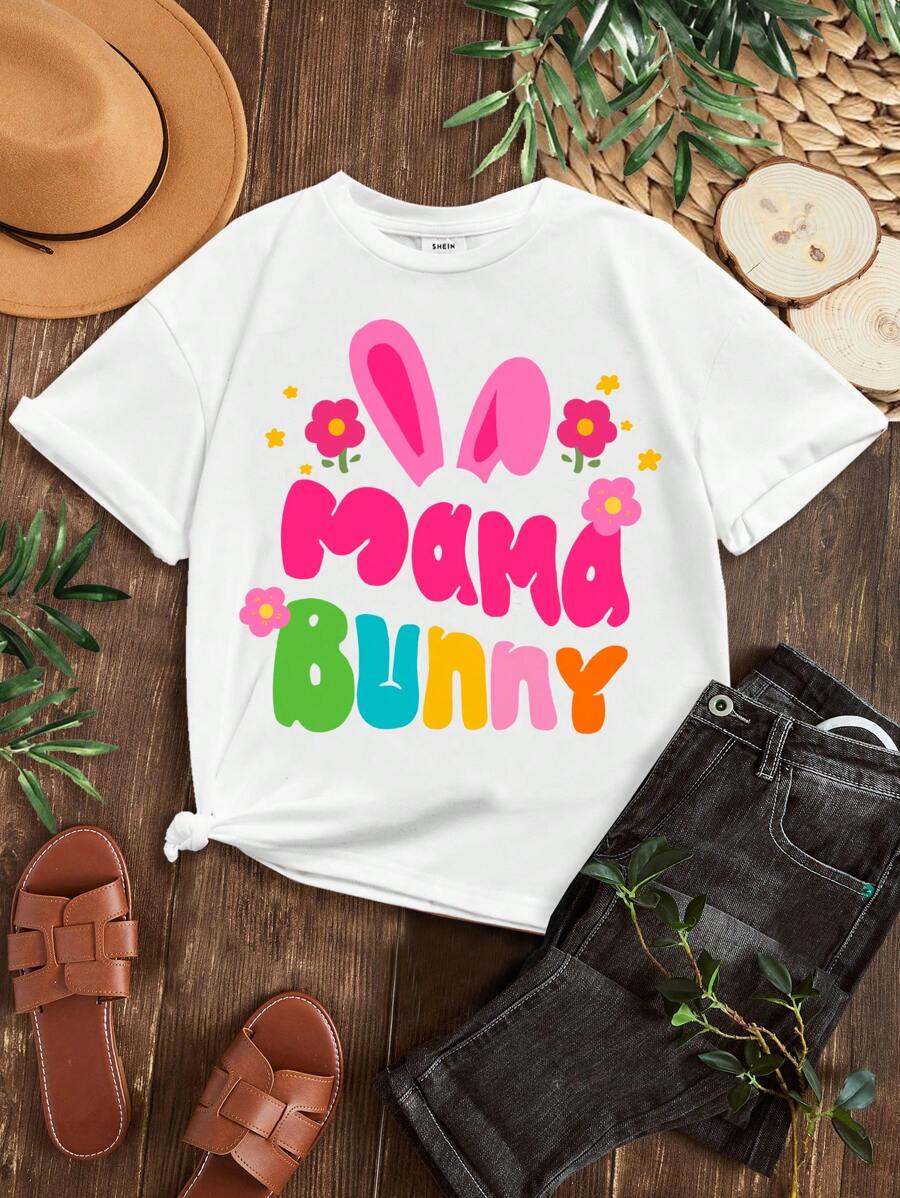 Áo thun ngắn tay cổ tròn in chữ & thỏ đơn giản thường ngày cho bé gái Tween, thích hợp cho mùa hè - trắng - Xem 1