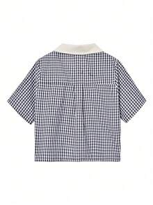 女士方格色塊下摺領短袖襯衫