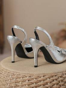 Nữ Thắt Nơ Bạc Giày Cao Gót Sang Trọng Gợi Cảm Mũi Nhọn Dép Nhọn Thích Hợp Cho Các Bữa Tiệc Và Những Dịp Trang Trọng - Bạc - Xem 8