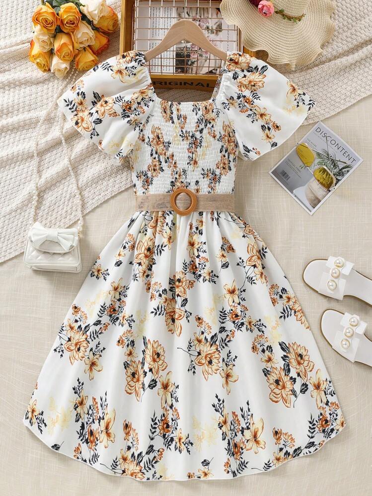 Teen Girl Short Sleeve Square Neck Summer Dress With Belt Included