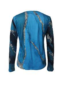 女士大理石印花拉鍊半排扣長袖休閒T恤，適用於春夏季節 - 彩色 - 查看 2