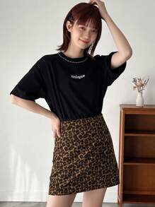 FRIFUL Women's Leopard Print Mini A-Line Skirt,Pencil Skirt - Brown - View 4