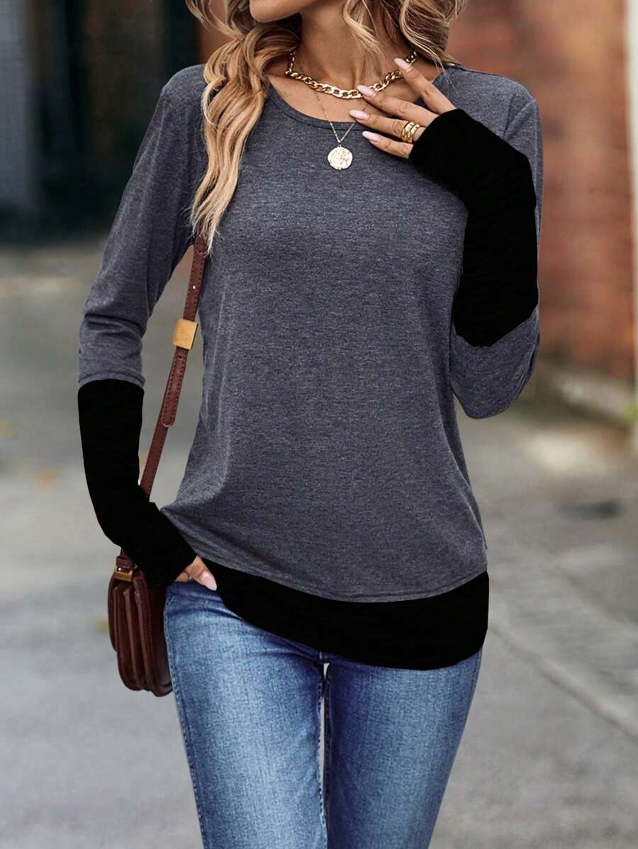 EMERY ROSE Colorblock Round Neck Tee Graphic Tees Women Tops Fall Cloth For Women - Dark Grey - View 1