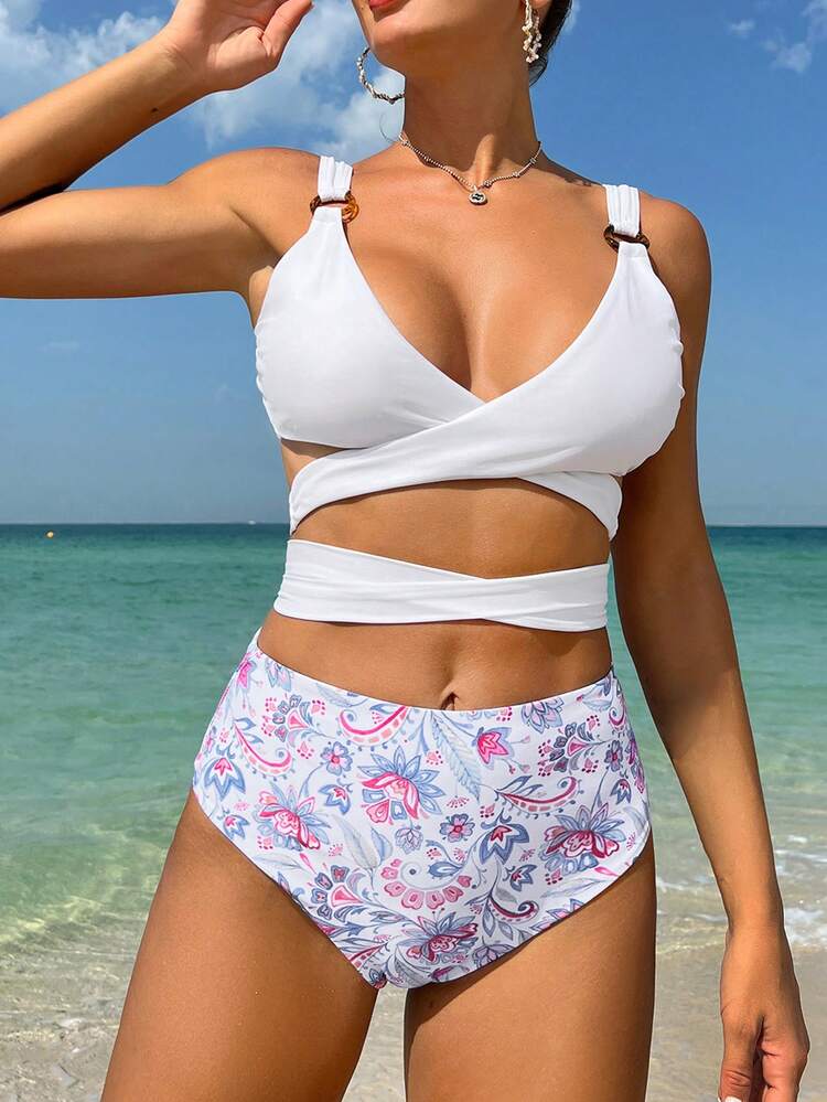 Ladies' Two-Piece Bikini Set Floral Print With Cross Straps And Circular Connector Summer Beach