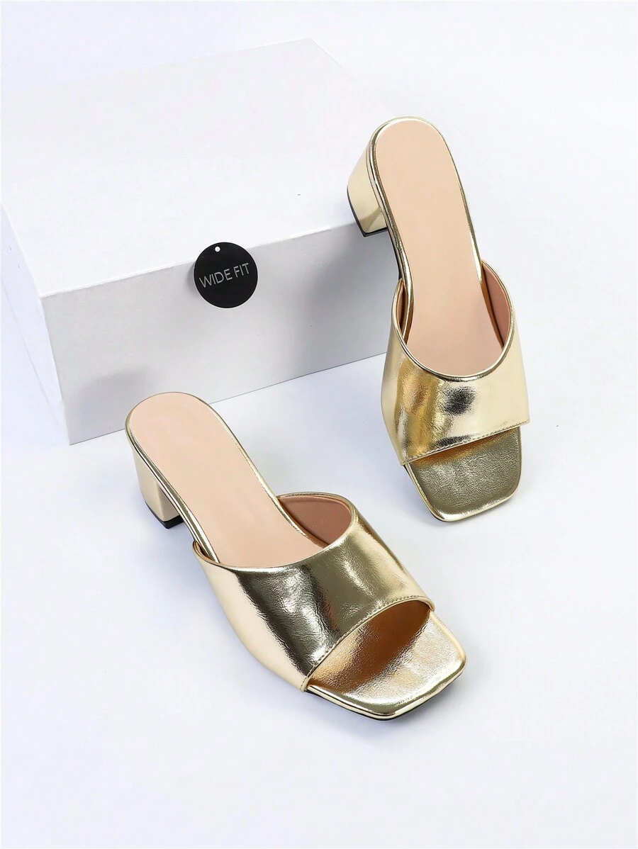 Wide Fit Women's New Summer Simple Metallic Texture Style Chunky Heel Mules With Slip-On Buckle Design - Gold - View 1