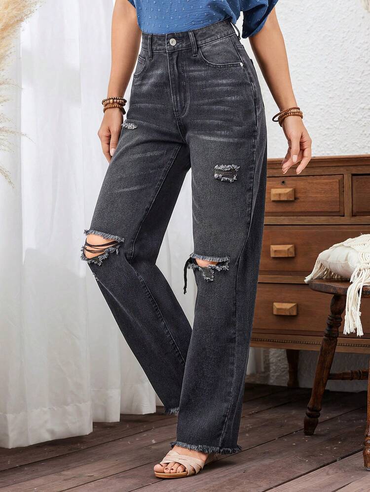 Distressed Frayed Hem Straight Leg Jeans