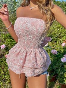Breezaya Women's Floral Texture Ruffle Hem Strapless Top With Bowknot Belt Ideal For Graduation And Summer - Pink - View 7