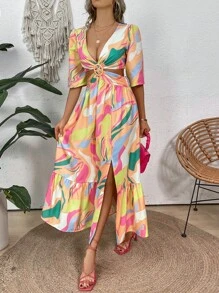 Casual Contrast Color Split Hem Hollow Out Dress With Ruffled Trim - Multicolor - View 4