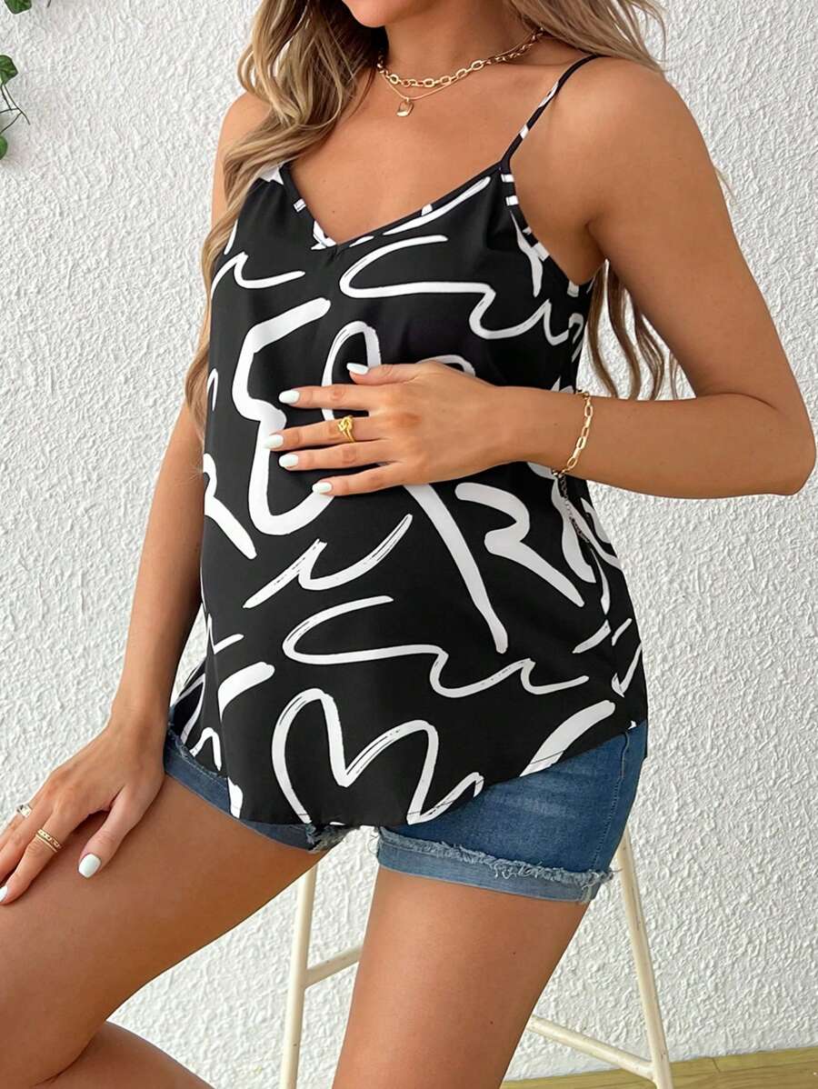 SHEIN 孕婦夏季花朵背心上衣,適合休閒穿著 - 黑色 - 查看 1