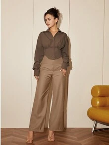 女士纯色长袖收腰优雅衬衫，休闲开衫，春秋季女装，商务休闲，开斋节服装 - 棕色 - 查看 6