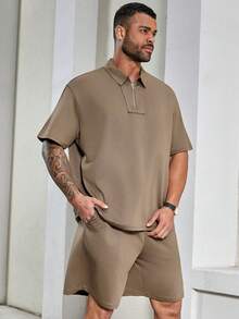 Manfinity Homme Nam Kích thước lớn Dây kéo Ngắn tay Áo thun Với Một nửa thân trước Vòng cổ Và Quần short Giải trí Bộ - màu nâu - Xem 5