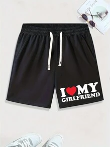 Men's Summer New Unique Heart & Letter Print Drawstring Waist Shorts - Black - View 1