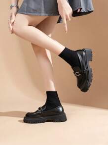 Women's Black Minimalist Style Thick-Sole Loafers With Rhinestone Decor, Mary Janes And Casual Fashion Flats For Spring/Autumn Valentines