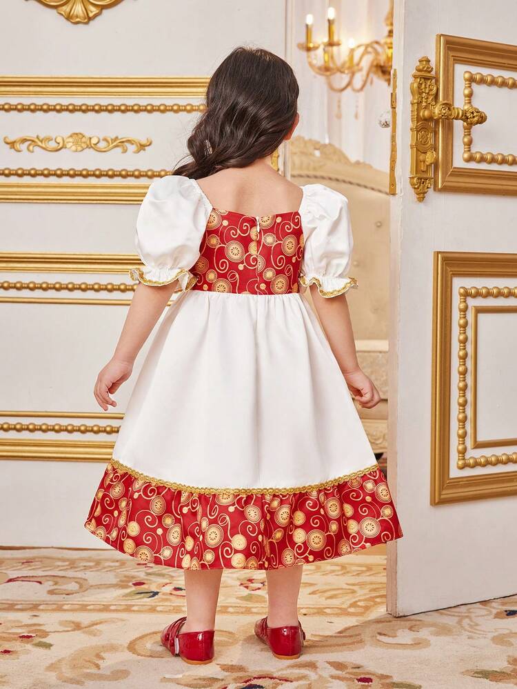 Young Girl Loose Fit Vacation Style Color Block Print Bubble Sleeve Midi Dress