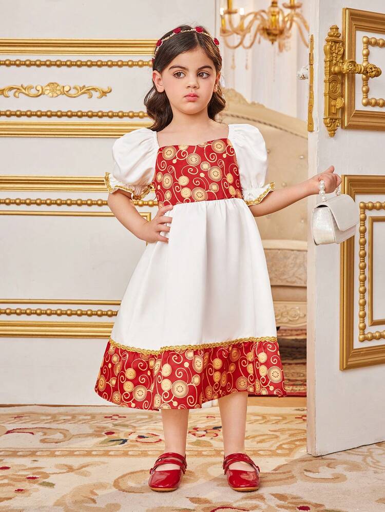 Young Girl Loose Fit Vacation Style Color Block Print Bubble Sleeve Midi Dress