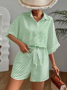 SHEIN LUNE Women's Stripe Front Button Up Batwing Sleeve Jumpsuit - Multicolor - View 5