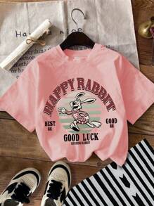 SHEIN Niña preadolescente camiseta casual de manga corta con estampado de conejo y letras, adecuada para el verano