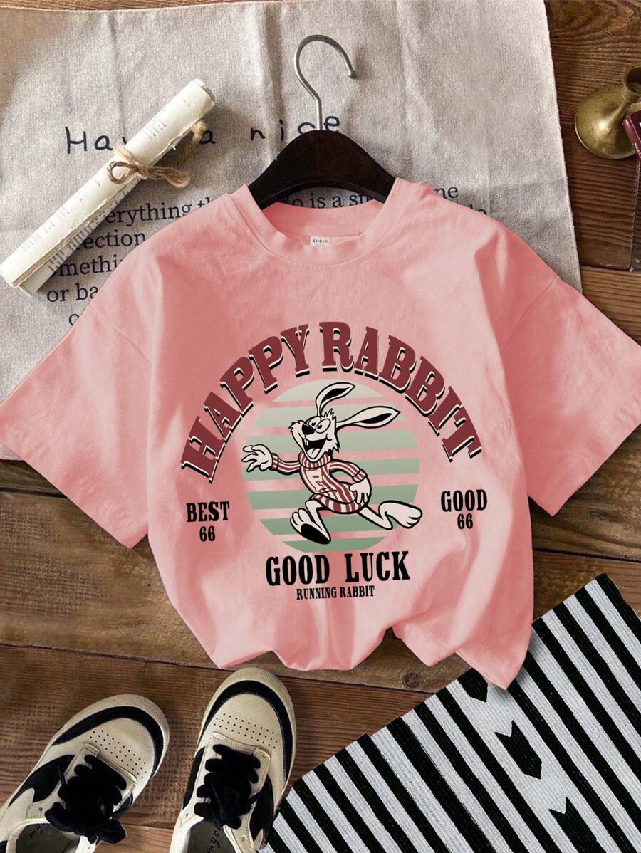 SHEIN Niña preadolescente camiseta casual de manga corta con estampado de conejo y letras, adecuada para el verano
