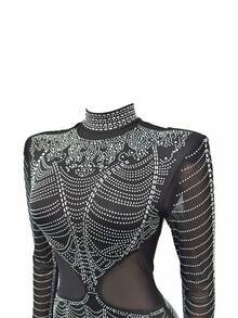 Fashion Women's Mesh & Rhinestone Embellished Fishtail Dress, Suitable For Party & Gathering - Black - View 6
