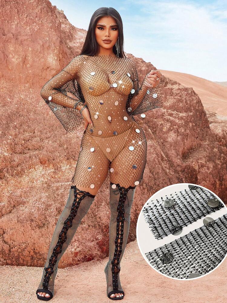 Music Festival Western Style Boho Fashion Gorgeous Women's Black Mesh Hollow Perspective Large Metal Piece Bead Details Laser Sexy Resort Nightclub Hot Girl Charming High-End Elegant Tight Long Long Sleeve Trumpet Sleeve Fitted Round Neck Dress