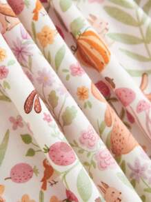 Conjunto de 2 piezas para bebé niña: vestido de cuello redondo con estampado de dibujos animados de plantas, con volantes y mangas abullonadas