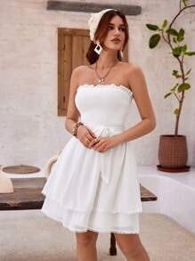 GENKIRA Strapless Ruffle Trim Cinched Waist Multi-Layer Cake Hem Lace Patchwork Mini Dress - White - View 3