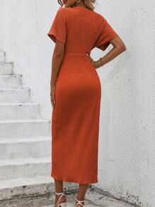 EMERY ROSE Của phụ nữ Màu thuần Xoắn Nút & Khe nứt bên Ngắn tay Mùa hè Đầm - trái cam - Xem 2