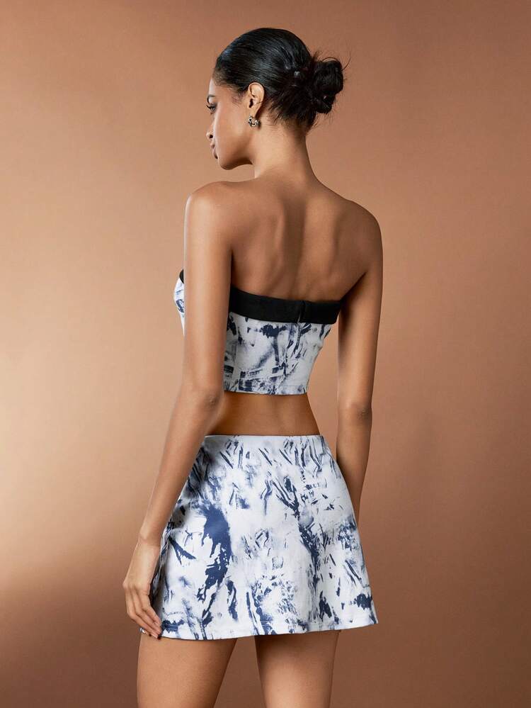 Tie-Dye Printed Strapless Top With High Slit Skirt Set, Suitable For Summer