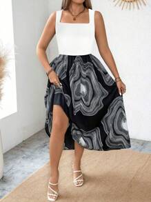 Calvaya Plus Size Women's Summer Geometric Patchwork Print Square Neck Sleeveless Long Dress - White - View 3