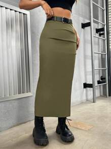 SHEIN PETITE Ladies' Military Green Pleated High Slit Skirt - Army Green - View 6