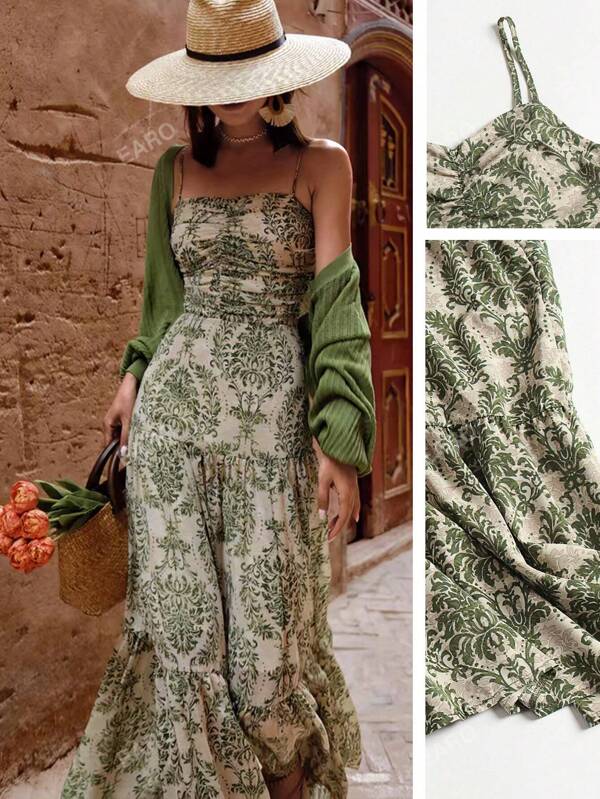Vestido de volantes con estampado de plantas de vacaciones para mujer