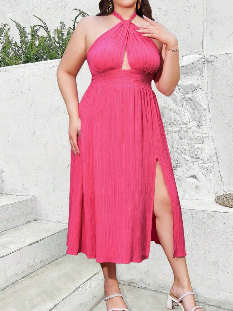 Plus Size Solid Color Hollow Out Halter Neck Dress With Split