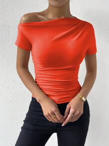 Calvaya Solid Color Asymmetrical Neckline Fold Detail Slim Fit T-Shirt