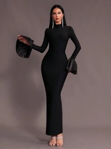 Modphy New Black Sexy Mock Neck Flare Long Sleeve Dress, High Collar Form Fitting Bodycon Gown For Women, Wedding Party, Special Occasion Eid Al Fit Dress,Formal,Evening,Wedding Guest - Black - View 1