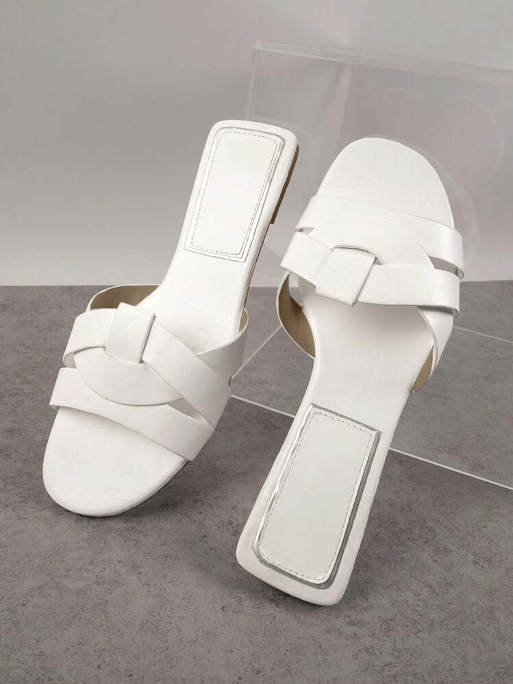 SHUZIA נעלי בית אופנתיות בחוץ נעלי בית שטוחות לנשים, רצועה שזורה סנדלי עור מלאכותי רגיל - לבן - ראה 2