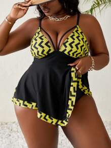 Slaydiva Plus Size Women's Geometric Pattern Cut-Out Design Tankini Swimwear, Ideal For Summer Beach Vacation - Black - View 5