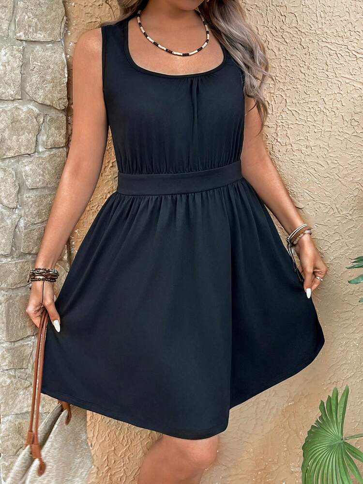 Plus Size Women's Holiday Elastic Waist Square Neck Lace Splice Backless Sleeveless Dress