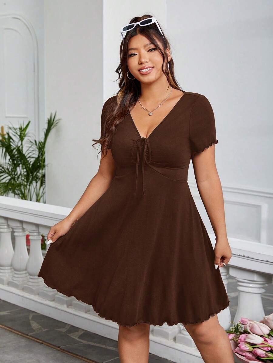 SHEIN EZwear 大尺碼棕色針織v領連衣裙 - 棕色 - 查看 1