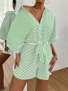 SHEIN LUNE Women's Stripe Front Button Up Batwing Sleeve Jumpsuit - Multicolor - View 6