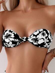 SHEIN Swim 女士时尚花卉印花比基尼套装夏季海滩 - 黑色 - 查看 4