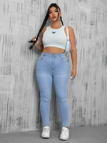 SHEIN EZwear 大尺碼女性窄腳修身牛仔褲 - 淺色水洗藍 - 查看 5