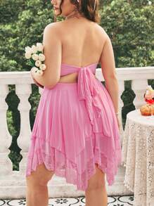 Dreamara Plus Size Mesh Fabric Asymmetrical Lace Hem Strapless Dress,Cerise Pink,Summer,Cute,Holiday Women Outfits For Music Festival,Wedding Guest & Vacation - Pink - View 3