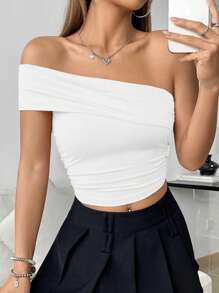 Flirla 女性的時尚單色斜肩上衣 - 白色 - 查看 6