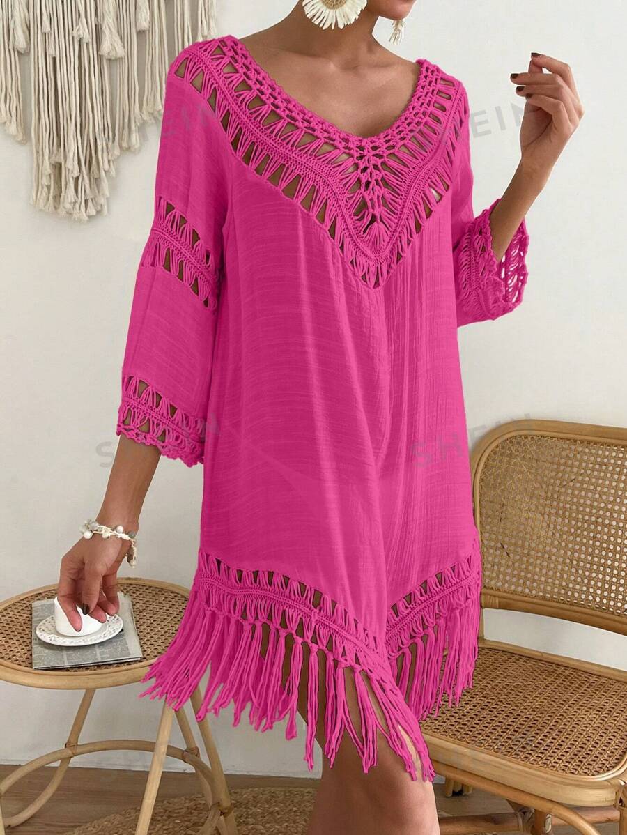 Swim Vcay Vestido holgado de cubierta con escote en V y manga 3/4 con estilo hueco, para uso en vacaciones, ropa de mujer para el verano