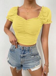 Chiquease Women's Summer Sweetheart Neckline Short Puff Sleeve Slim Fit T-Shirt With Frill Trim - Yellow - View 6