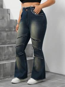 SHEIN ICON Plus Size Slim Fit Flared Jeans With Frayed Hem - Blue - View 5