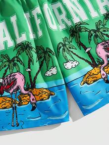 ROMWE MEN Street Life Men's Holiday Printed Woven Shorts, Suitable For Daily Wear During Spring And Summer - Green - View 3