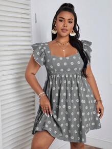 Dreamara Kích thước lớn Của phụ nữ Hoa Daisy & In kẻ sọc Tay áo mũ Đầm - Đen và trắng - Xem 1