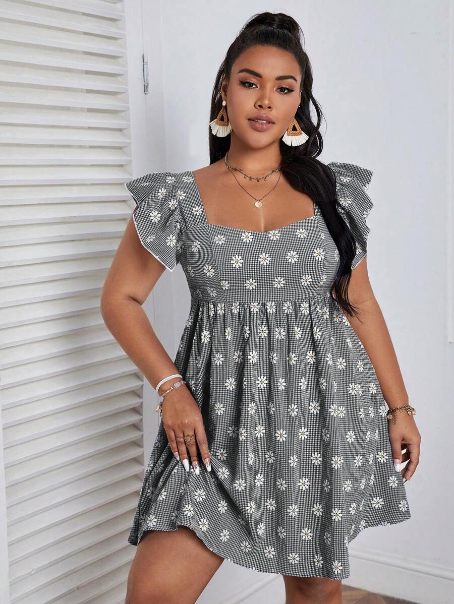 Dreamara Kích thước lớn Của phụ nữ Hoa Daisy & In kẻ sọc Tay áo mũ Đầm - Đen và trắng - Xem 1