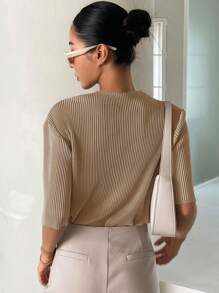 DAZY Camiseta de verano simple de cuello redondo de plisado sólido